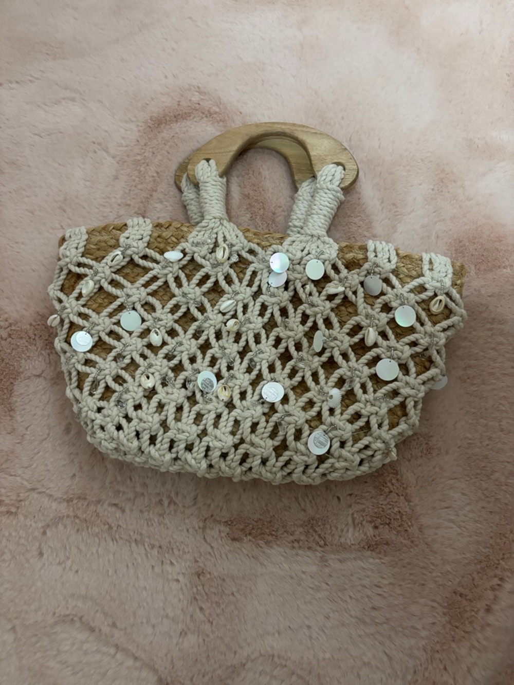 Handwoven Cream Macrame Beach Tote with Wooden Handles